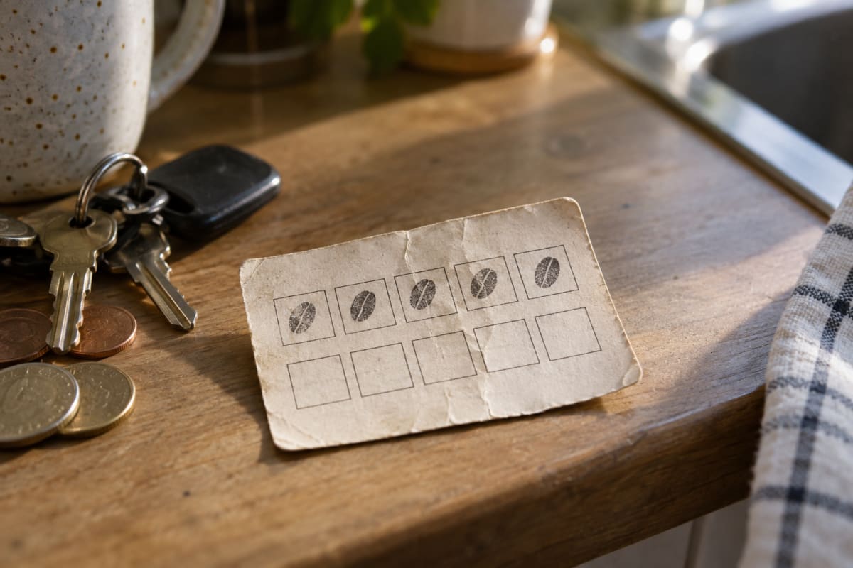 A half-stamped paper card left on the bench with the keys