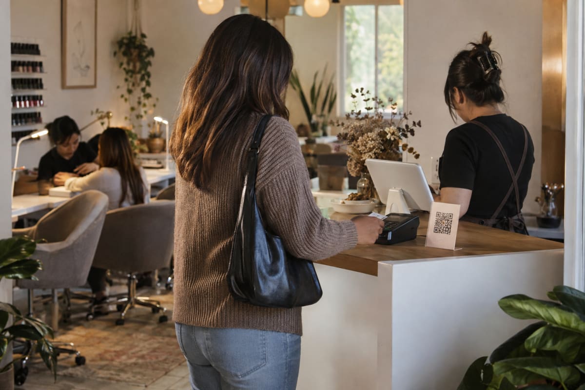 A nail salon front desk, a client paying with the code by the terminal