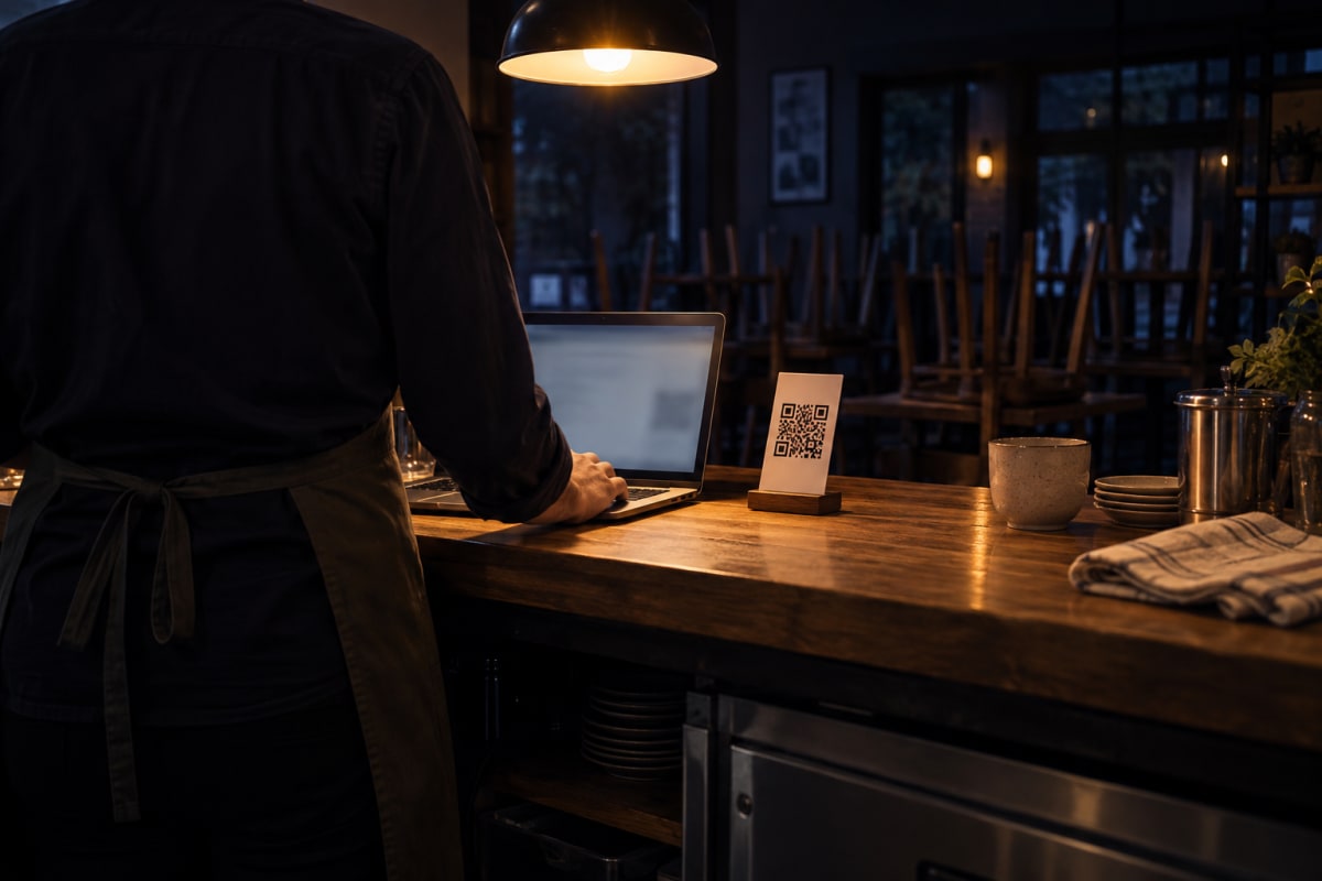 An owner setting up after close, with a laptop and a fresh code on the counter