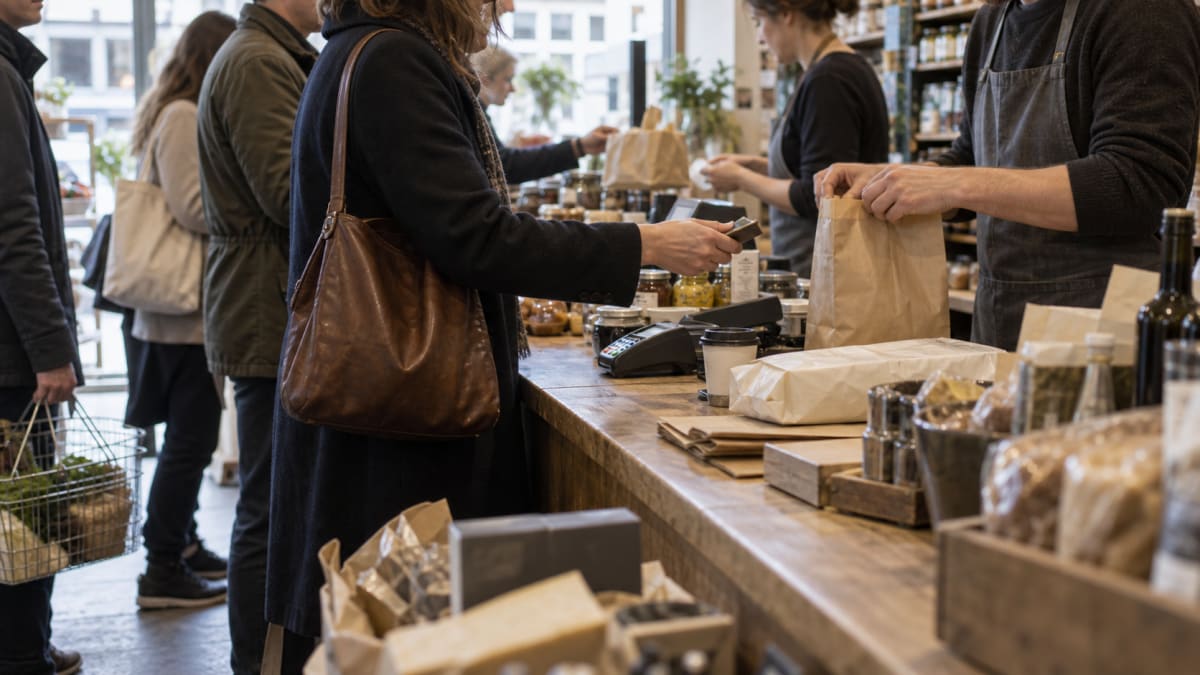 The counter at its busiest, a queue waiting while two customers are served