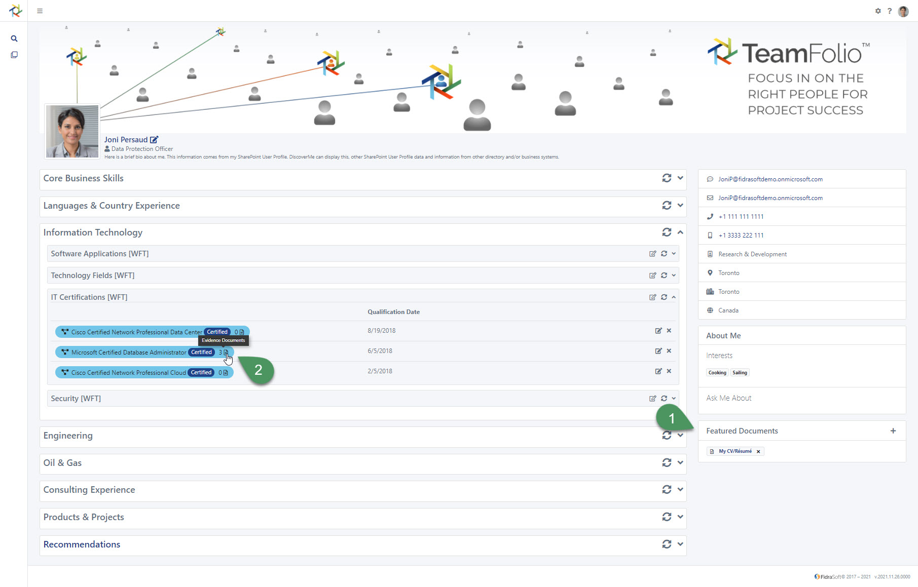 TeamFolio screenshot of Featured Documents and Evidence Documents