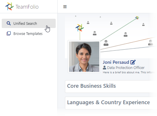 TeamFolio focused screenshot - left navigation search