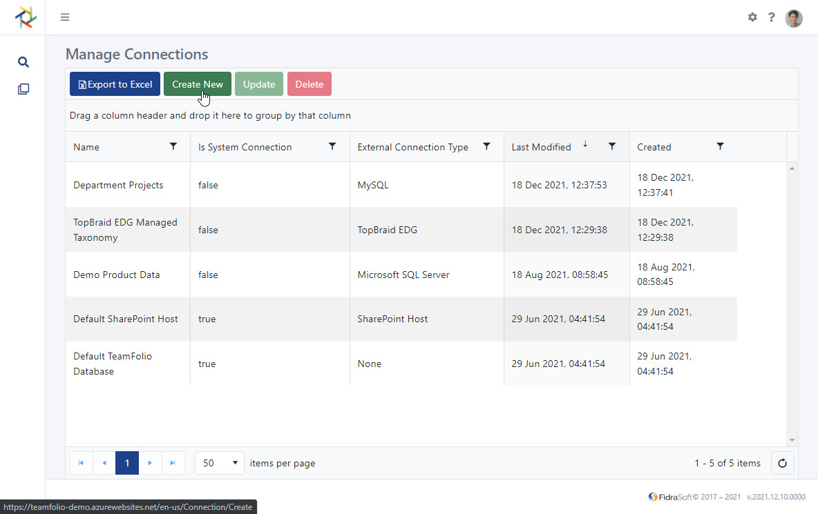 TeamFolio focused screenshot - manage definitions navigation menu
