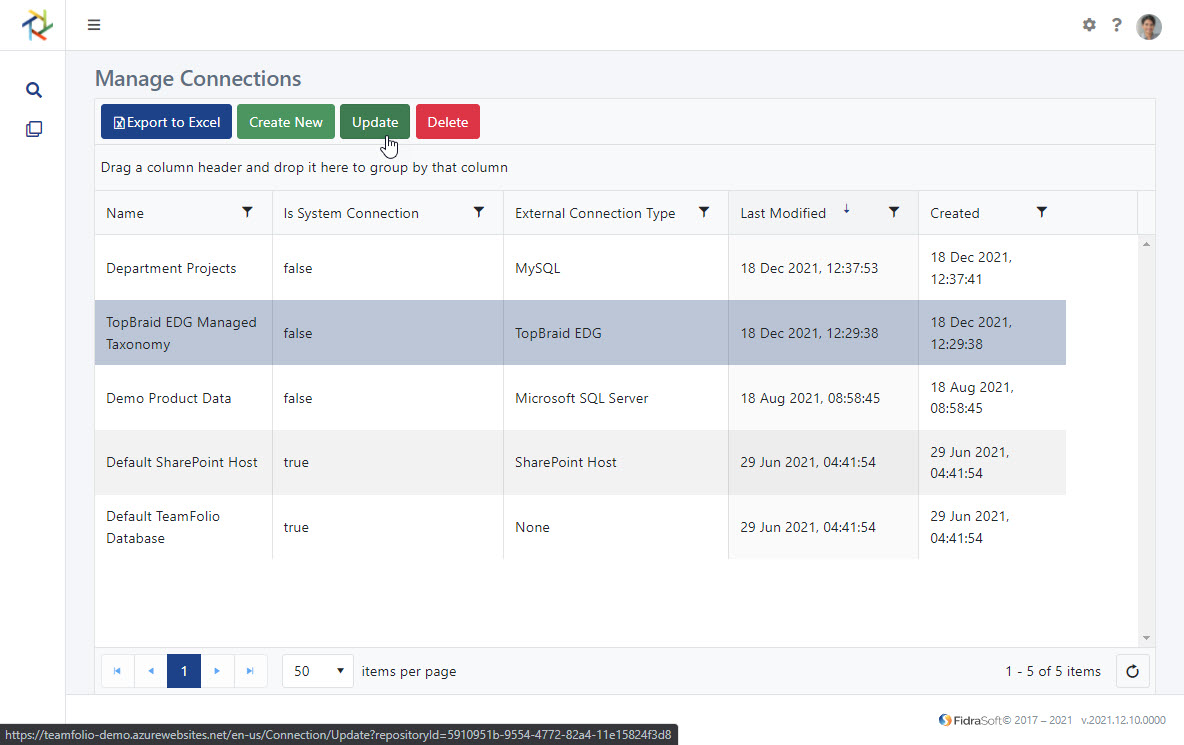 TeamFolio screenshot - update connection