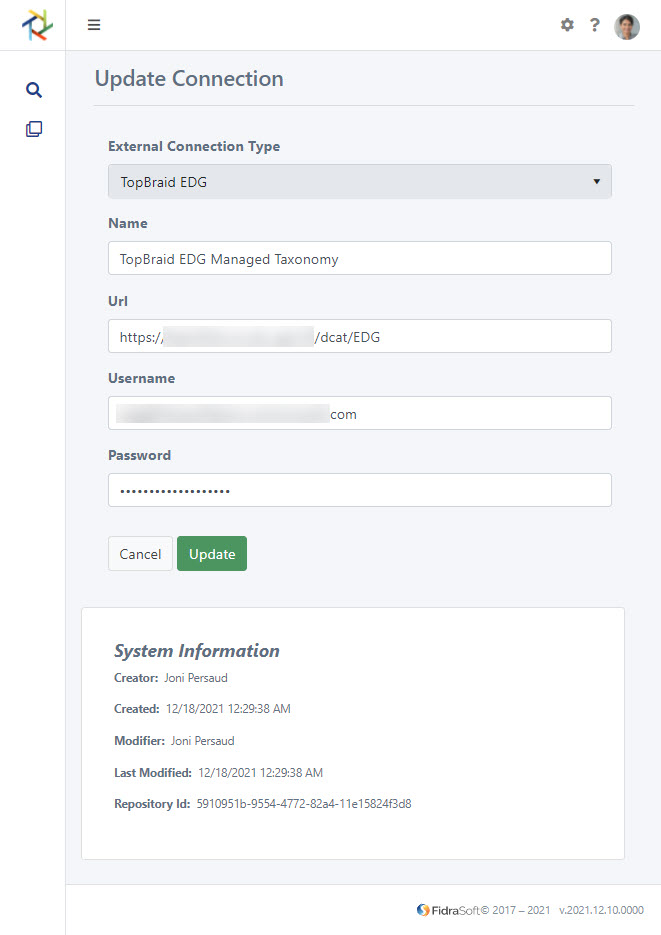 TeamFolio screenshot - update TopBraid EDG connection