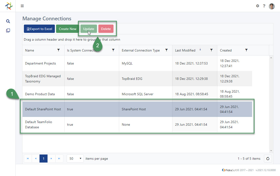 TeamFolio screenshot - system connections