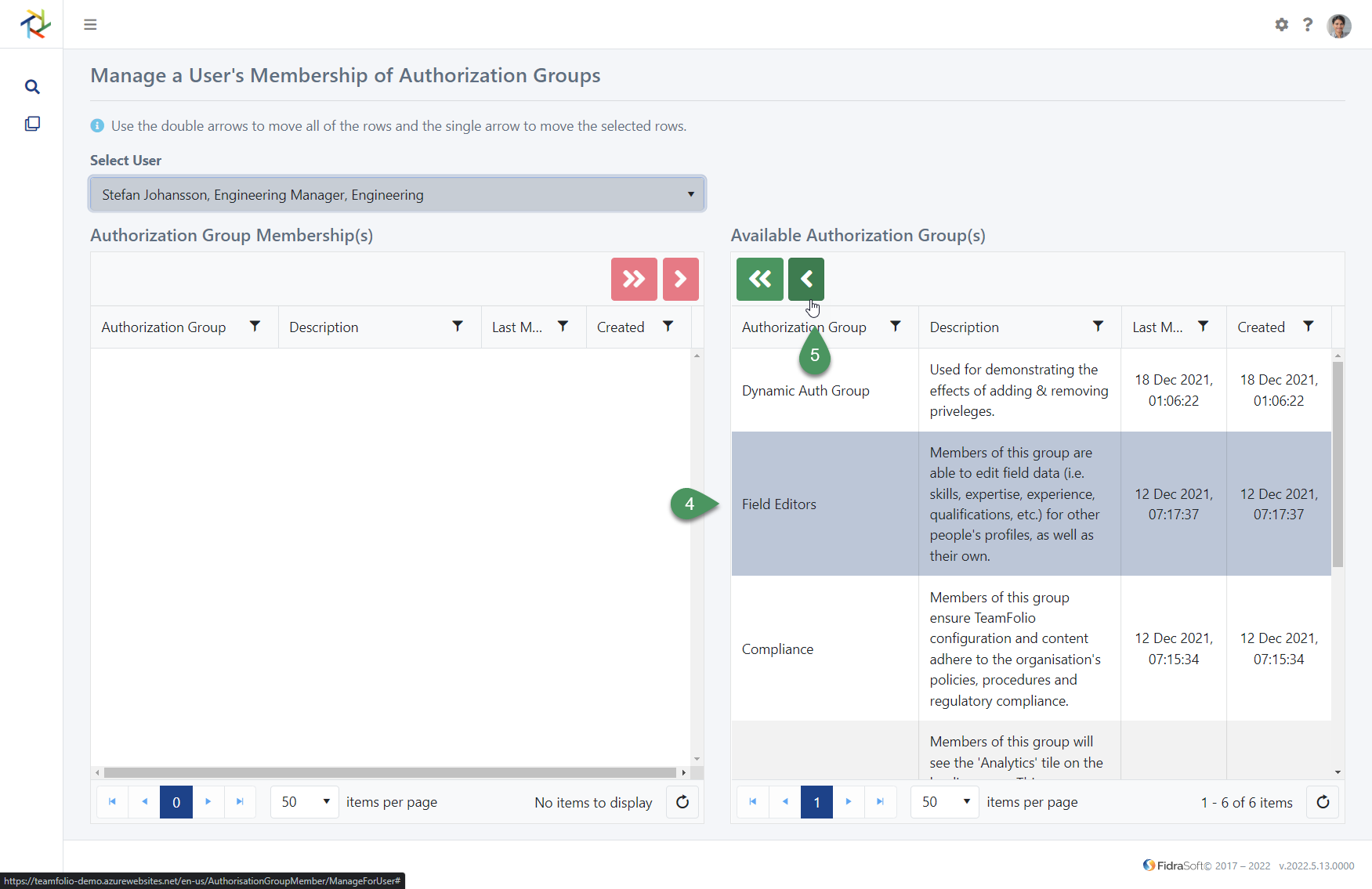 TeamFolio screenshot showing a user's authorisation group membership page