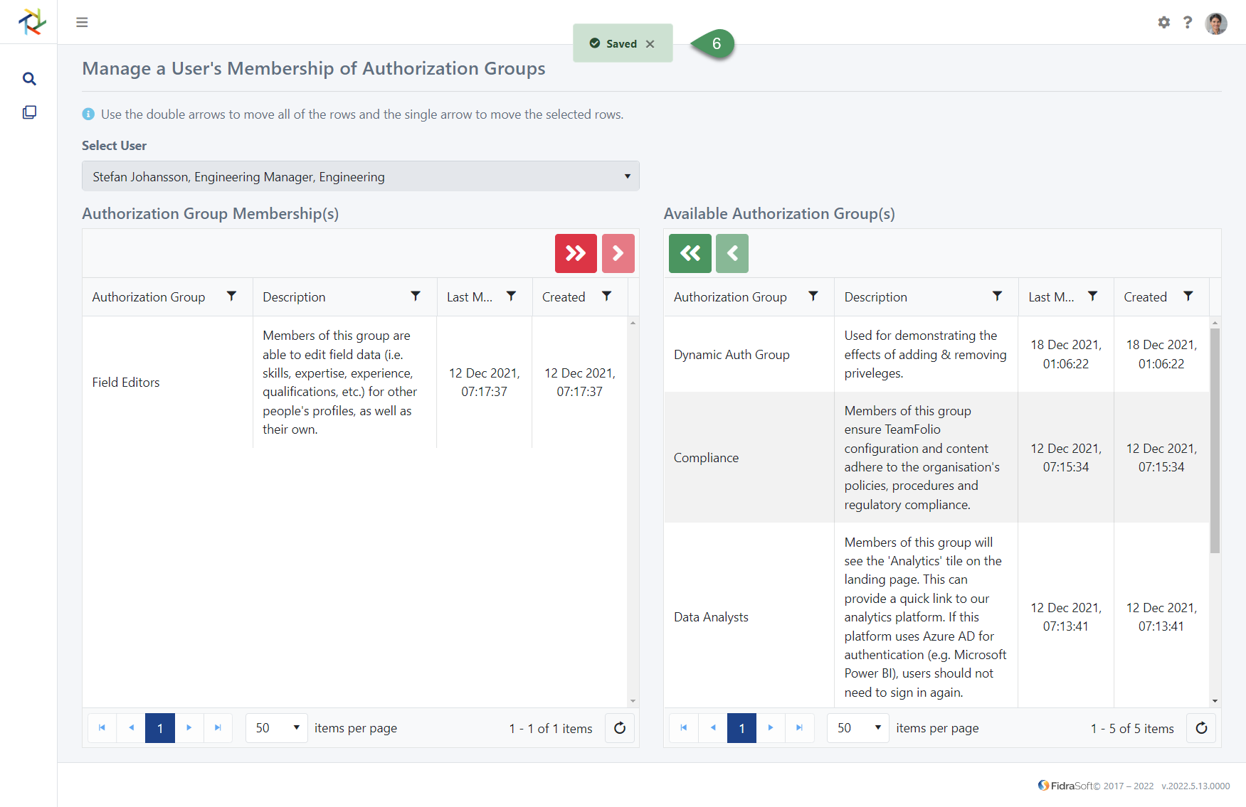 TeamFolio screenshot showing a user's authorisation group membership page