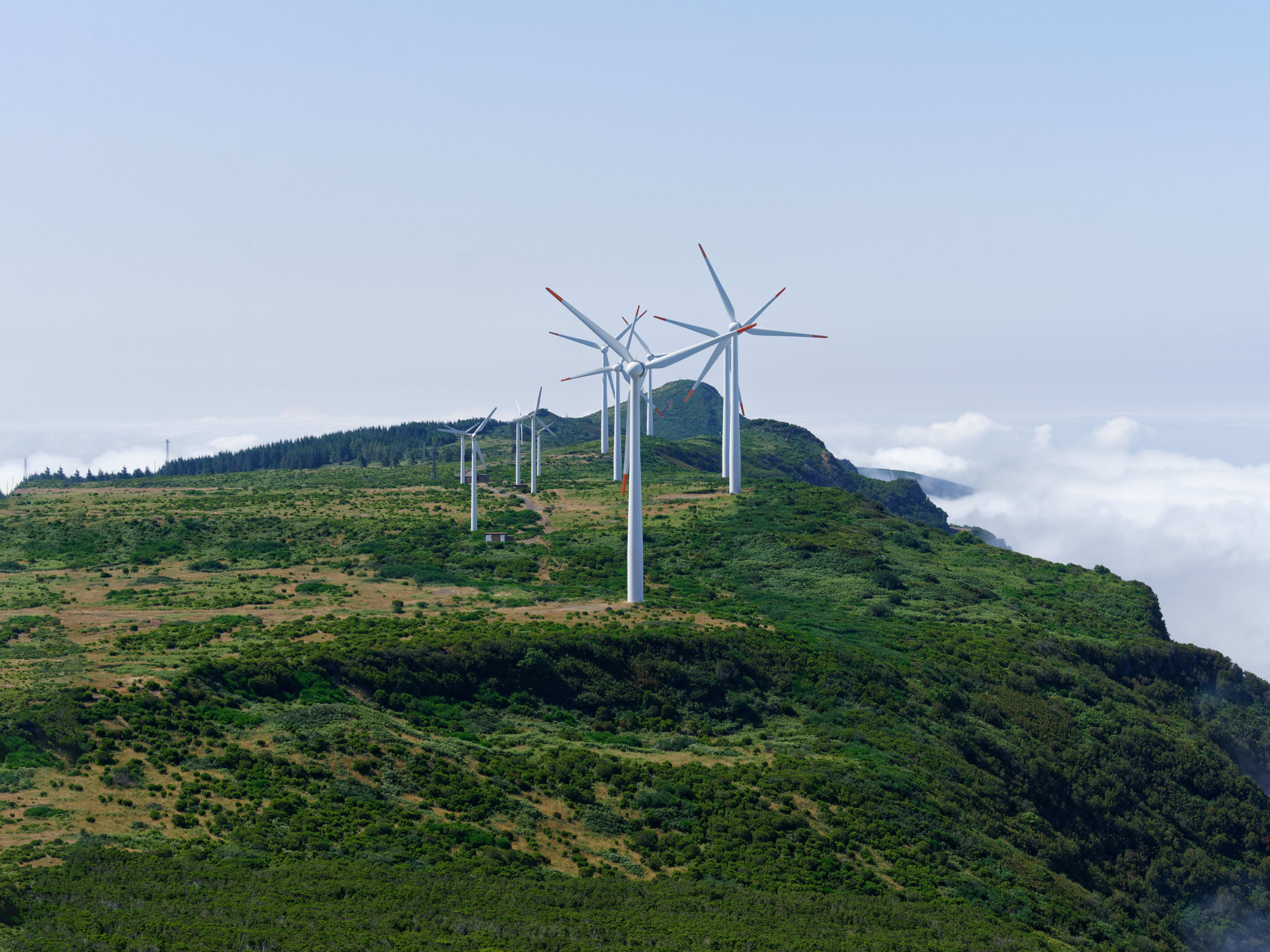 Windräder auf einem grünen Hügel als nachhaltige Geldanlage