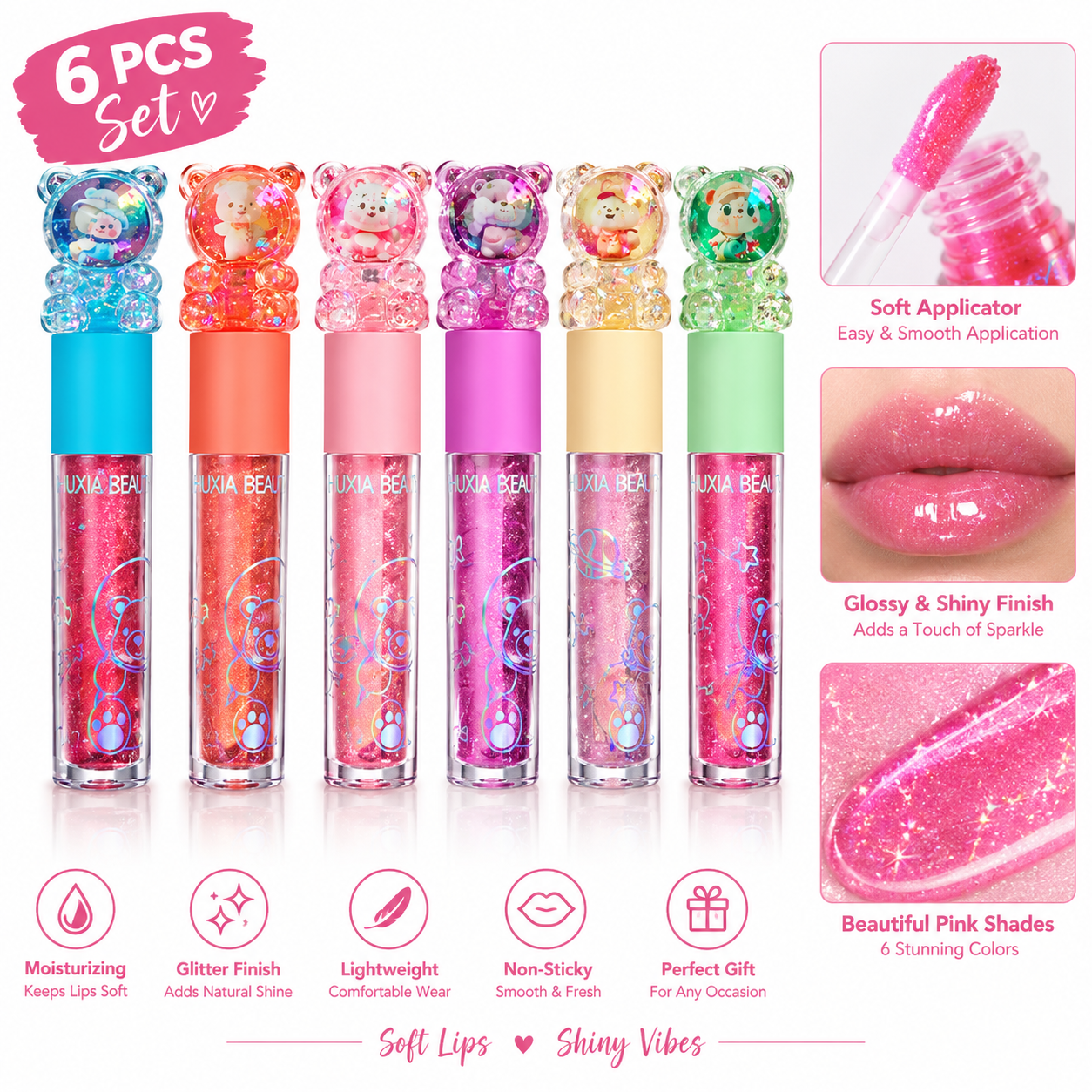 6 Pcs Pink Glitter Lip Oil Moisturizing