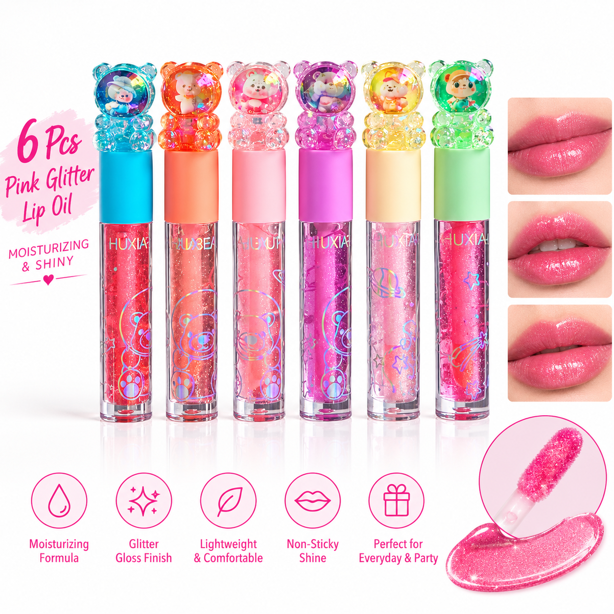 6 Pcs Pink Glitter Lip Oil Moisturizing
