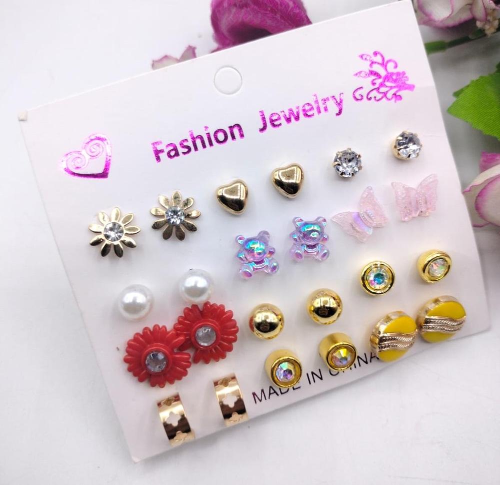Trendy Artificial Stone Ear Studs 12 Pairs Pakistan