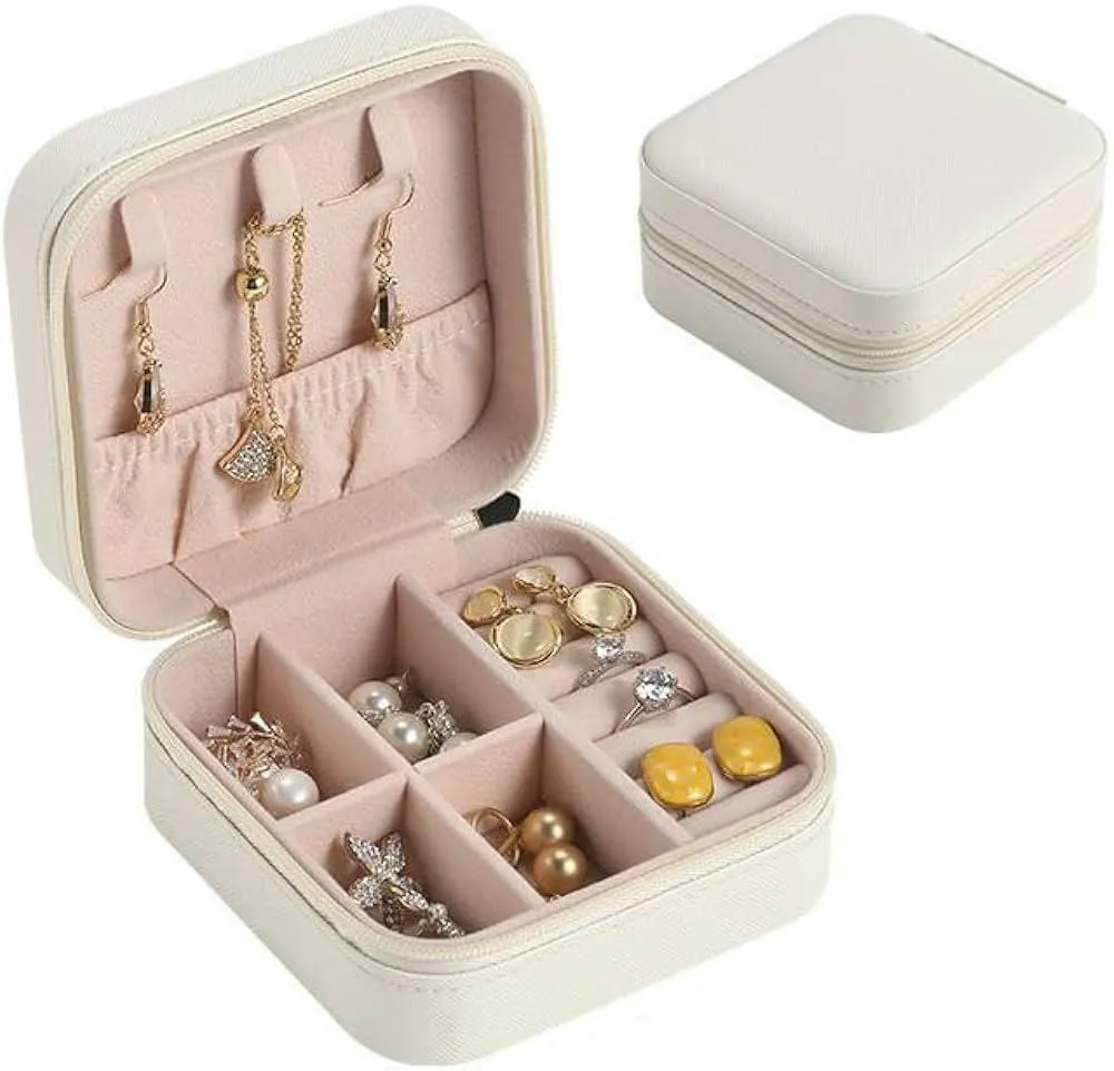 Compact Leather Jewelry Box Multicolor Zipper Closure 10x10x5cm
