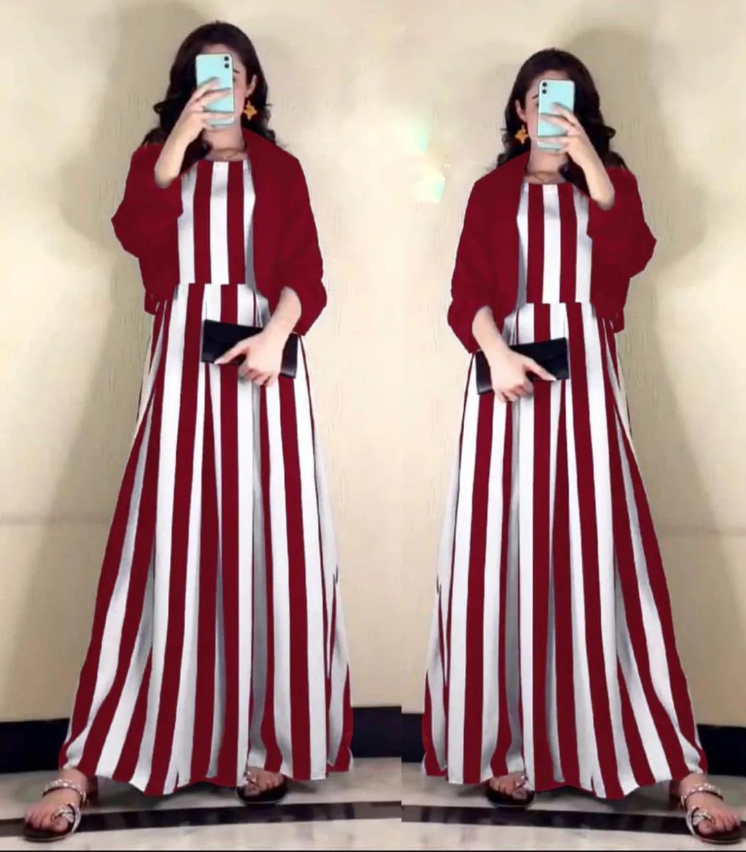 Maroon Striped Silk Maxi Dress With Jacket Set