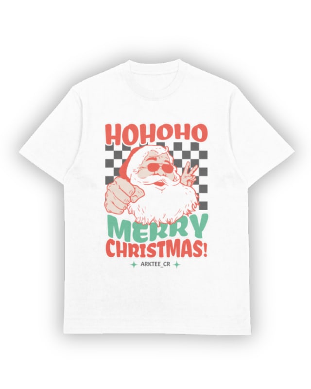 Camiseta blanca con estampado navideño de Santa Claus y texto colorido