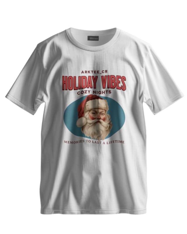 Camiseta blanca con estampado de Santa Claus y texto navideño en rojo y azul
