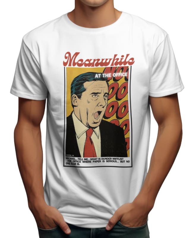 Camiseta blanca con estampado gráfico de "The Office" y personaje en colores vibrantes