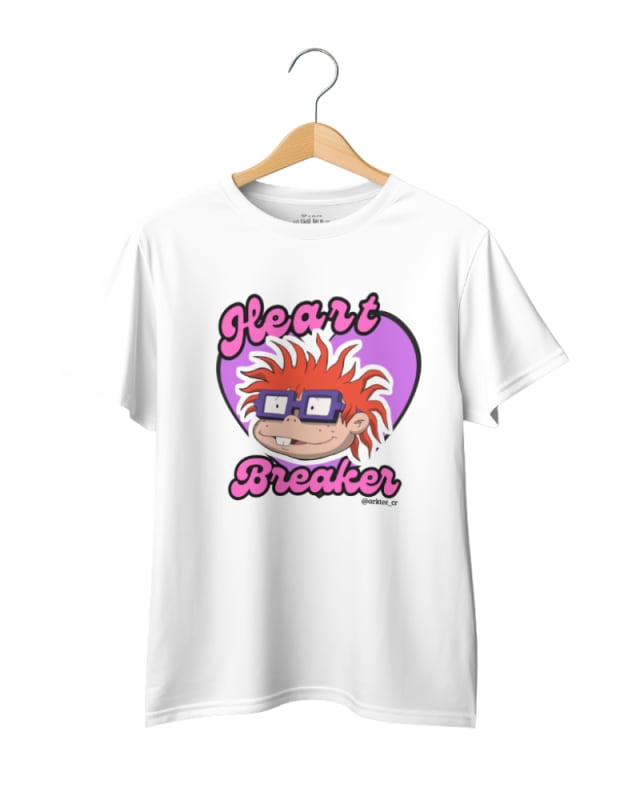 Camiseta blanca unisex de algodón con estampado de Chuckie de Los Rugrats y texto "Heart Breaker"
