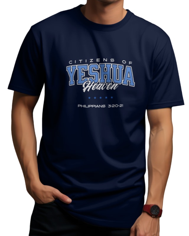 Camiseta azul marino de algodón 100% con diseño cristiano y texto en blanco y gris