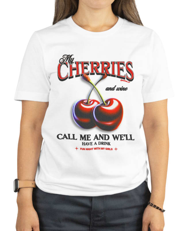 Camiseta unisex blanca de algodón con estampado de cerezas y texto colorido
