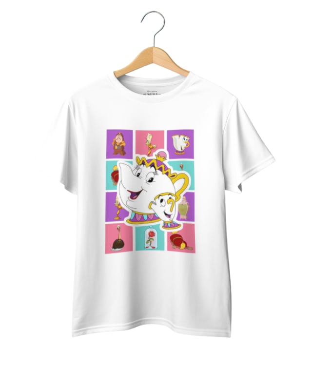 Camiseta blanca de algodón con diseño original de La Bella y la Bestia en colores vivos