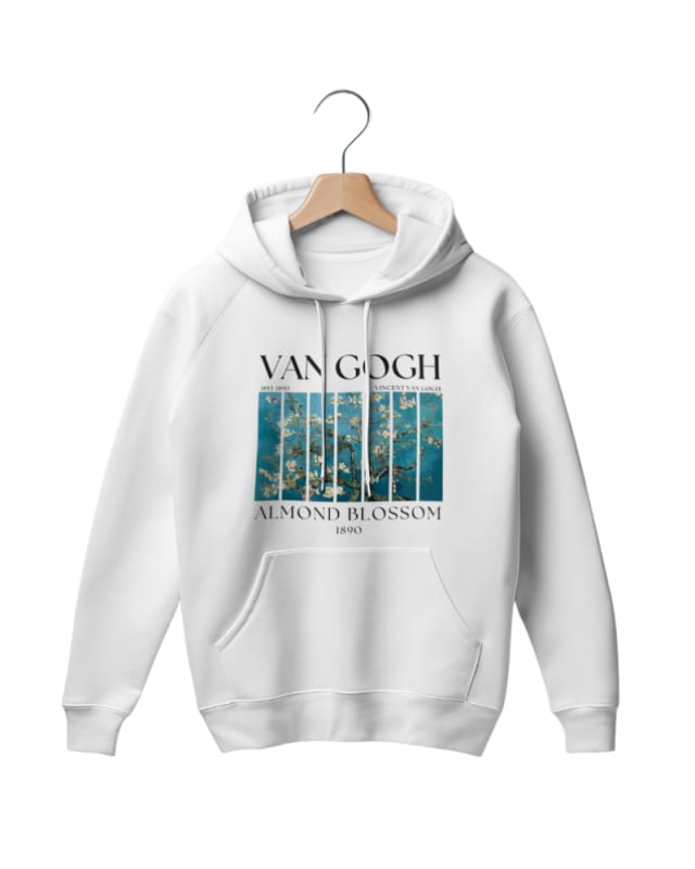 sudadera blanca con capucha, estampado de flores de almendro y texto de Van Gogh