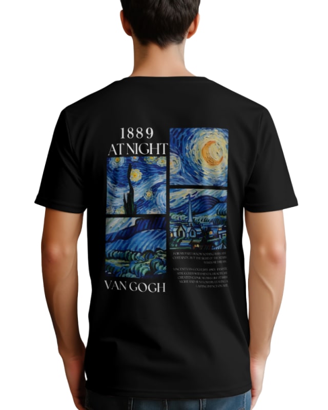 Camiseta negra con estampado de "La noche estrellada" de Van Gogh en la espalda