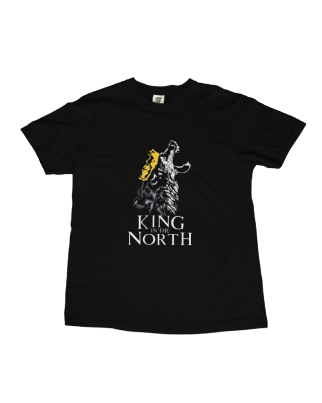 Camiseta negra de algodón con diseño de lobo y texto "KING IN THE NORTH"
