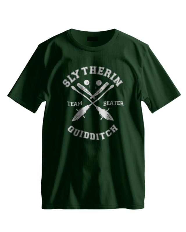 Camiseta unisex verde Slytherin de algodón con diseño Quidditch y texto en blanco