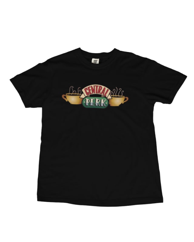 Camiseta unisex negra de algodón con diseño de tazas y logo Central Perk
