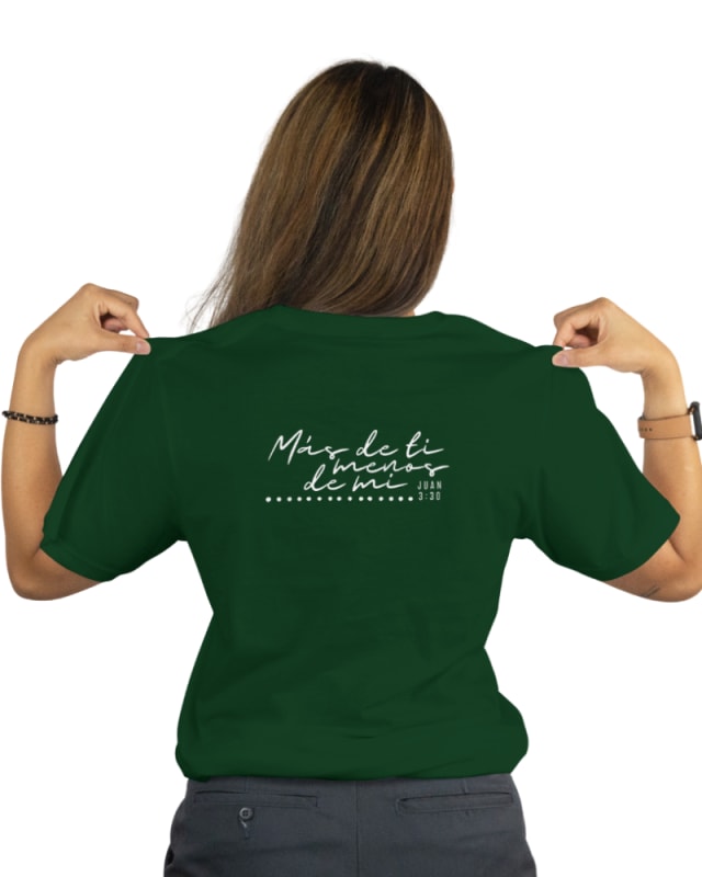 Camiseta unisex verde oscuro de algodón con diseño cristiano en la espalda