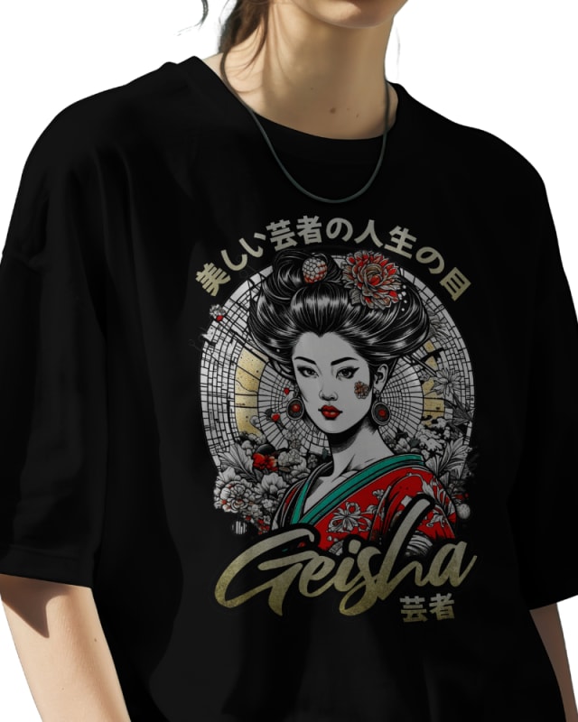 Camiseta oversize negra de algodón con diseño de geisha en estilo japonés