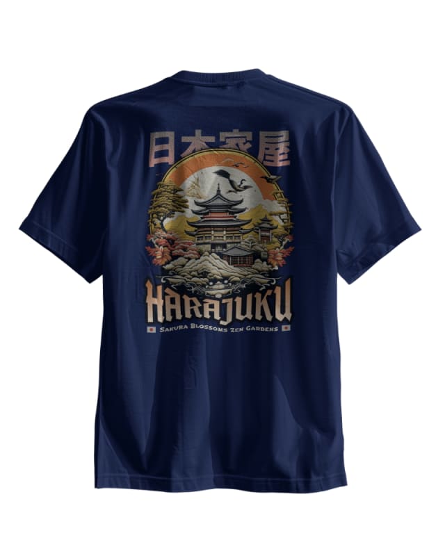 Camiseta unisex azul marino con diseño japonés y estampado de templo y flores de cerezo