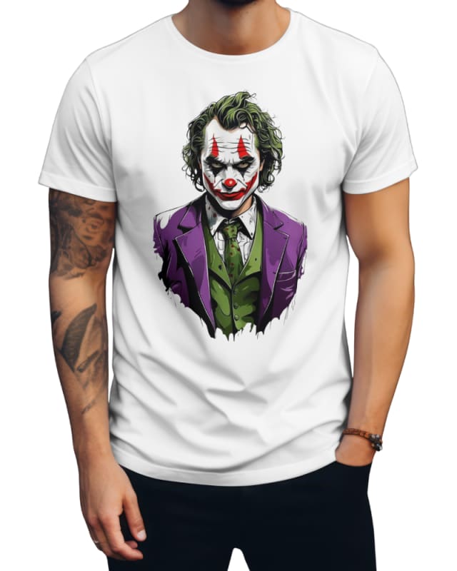 Camiseta blanca de algodón con diseño exclusivo del Joker en colores vivos