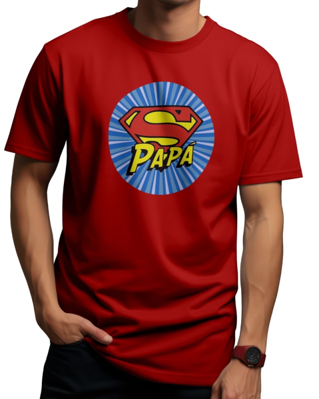 Camiseta roja con diseño de Superman y texto "PAPÁ" en el centro