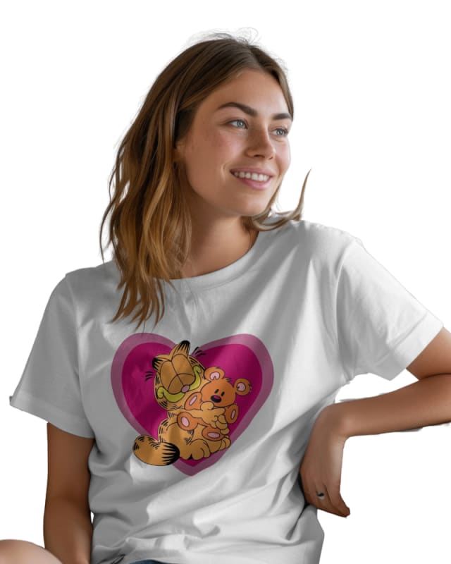 Camiseta blanca de algodón con estampado de Garfield y corazón en tonos rosa