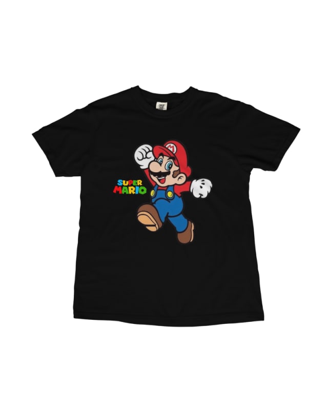 Camiseta unisex negra de algodón con estampado de Mario Bros en colores vivos