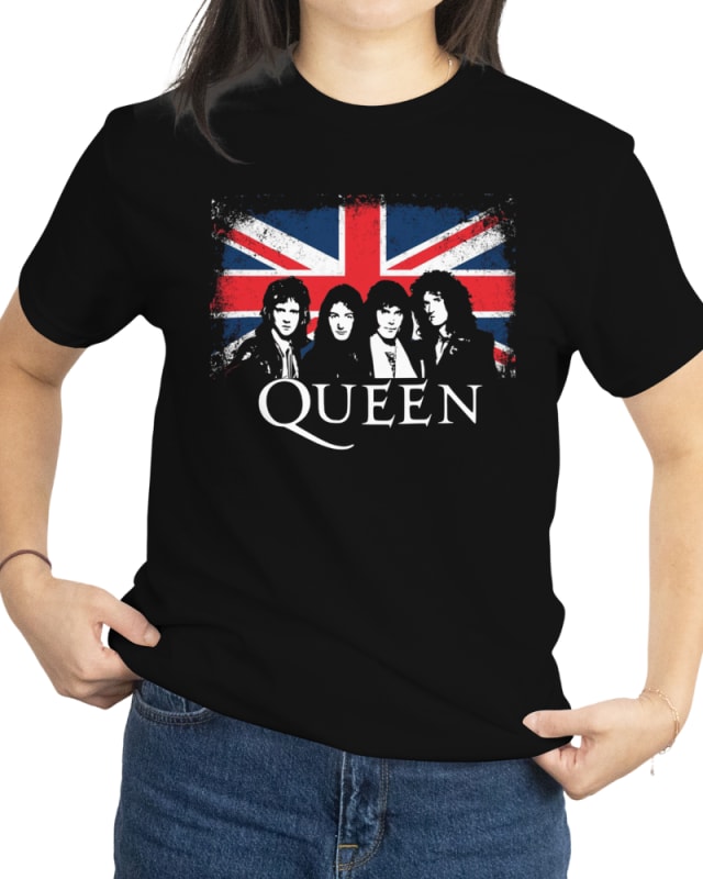 Camiseta unisex negra de algodón con diseño de la banda Queen y bandera británica