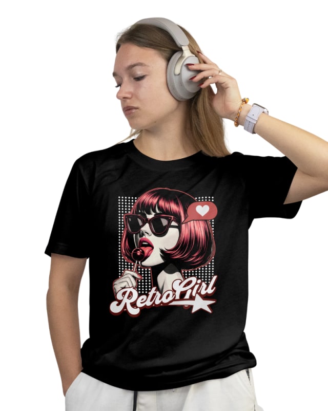Camiseta negra de algodón con estampado retro de mujer con gafas y labios rojos
