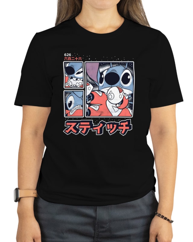 Camiseta negra de algodón con estampado de Stitch en estilo cómic