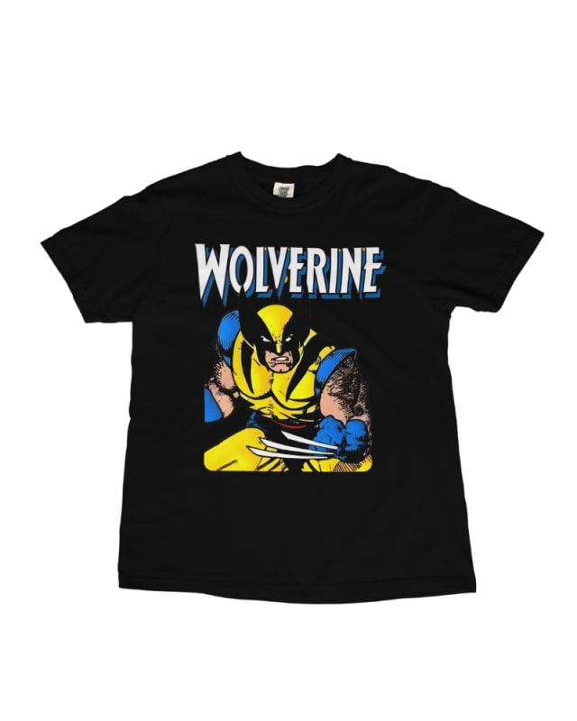 Camiseta negra de algodón con estampado de Wolverine en colores amarillo y azul