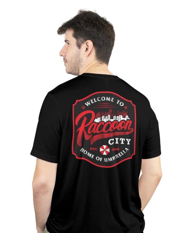 Camiseta negra de algodón 100% con estampado de Raccoon City en la espalda
