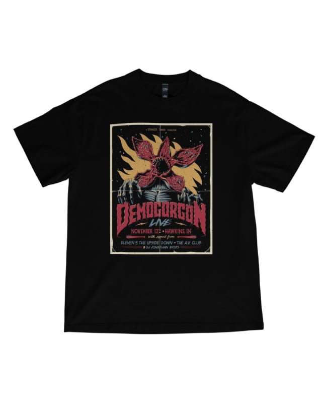 Camiseta oversize negra de algodón con estampado retro de Demogorgon de Stranger Things