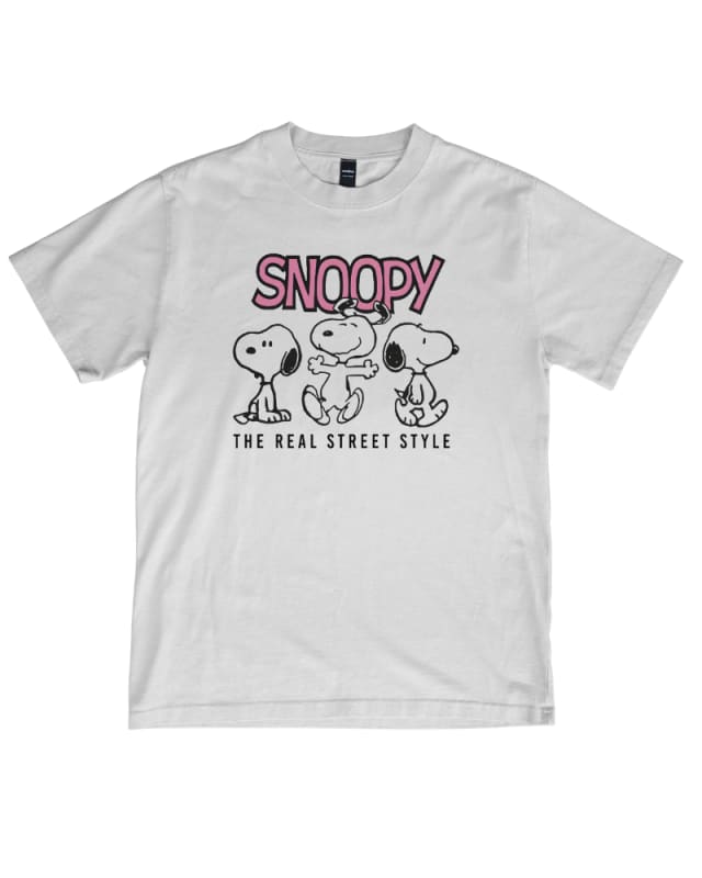 Camiseta blanca de algodón 100% con estampado de Snoopy en colores negro y rosa