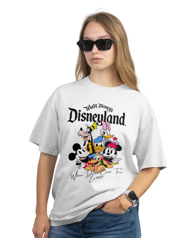 Camiseta oversize blanca de algodón con estampado de personajes de Disney