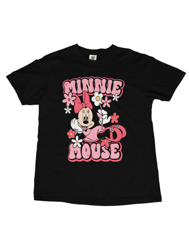 Camiseta negra de algodón 100% con estampado de Minnie Mouse y flores coloridas