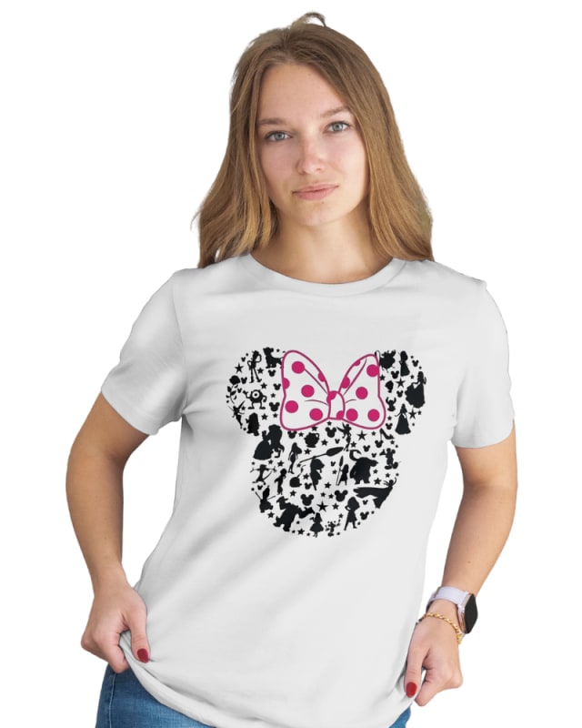 Camiseta blanca de algodón con estampado de Minnie Mouse en negro y rosa
