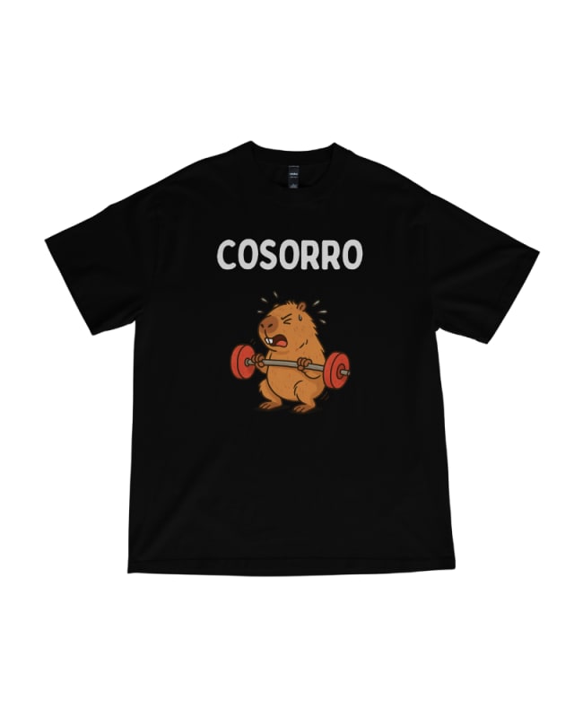 Camiseta negra de algodón 100% con estampado de capibara levantando pesas