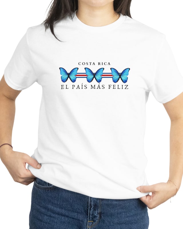 Camiseta unisex blanca con diseño de mariposas azules y texto Costa Rica El país más feliz