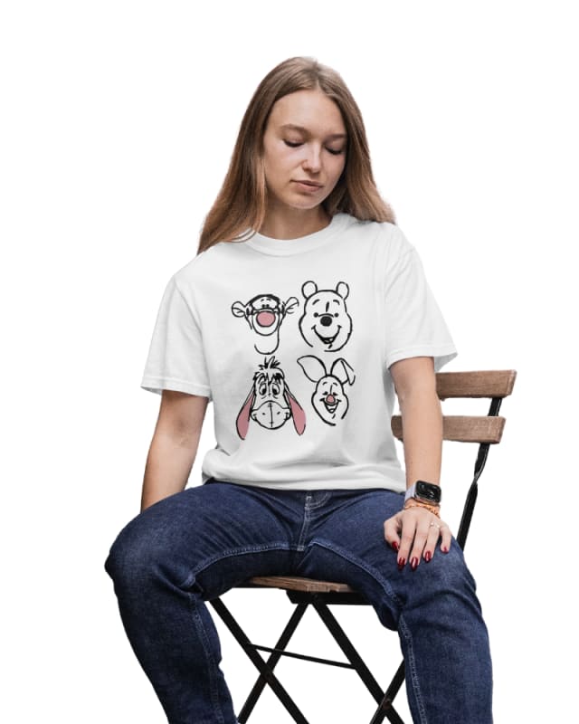 Camiseta unisex blanca de algodón con estampado de Winnie Pooh y amigos